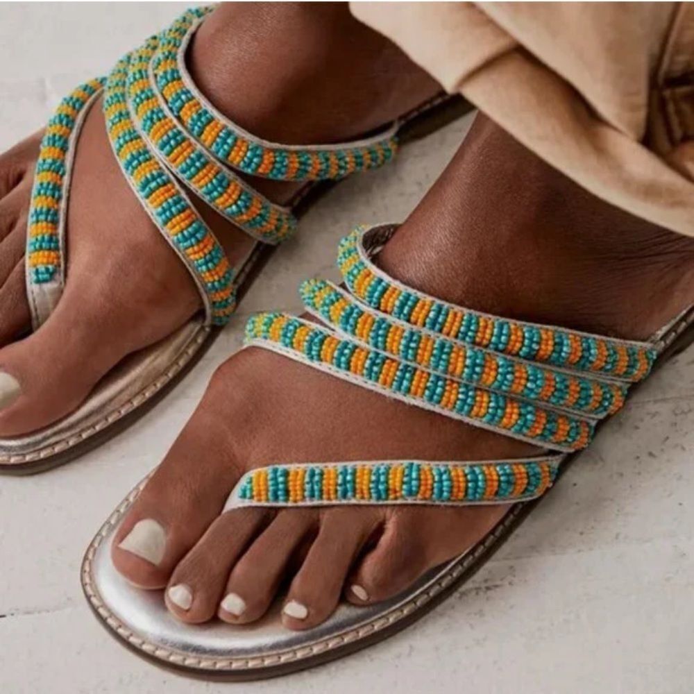 Free People 38.5 BEATRICE BEADED LEATHER SANDAL IN GOLD